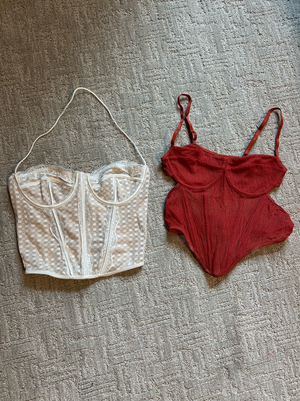 Amazon White Lace Bustier & Red Mesh Bodysuit Set